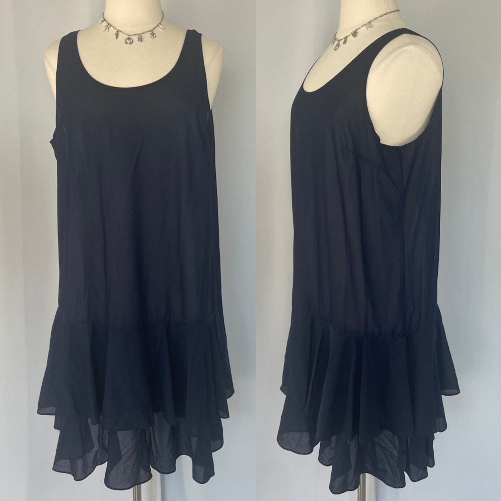 Vintage Sleeveless Dress Plus Size 24 Navy Blue Ruffle Hem Minimal Party Retro
